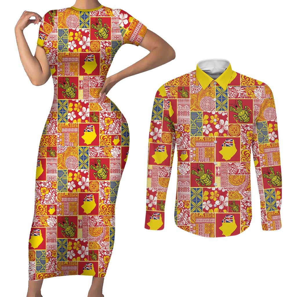 Niue Monuina e Kilisimasi Couples Matching Short Sleeve Bodycon Dress and Long Sleeve Button Shirt Pacific Patchwork Xmas Vibes - Polynesian Pride