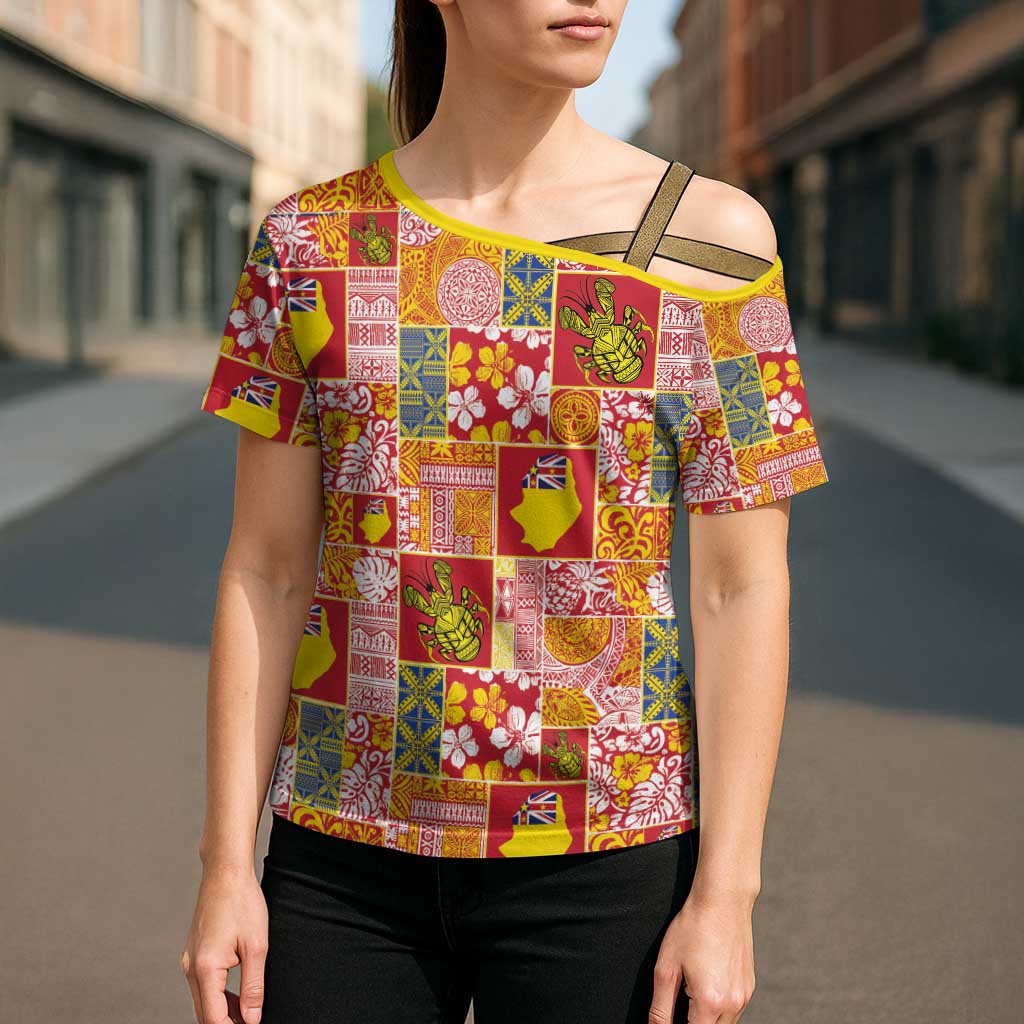 Niue Monuina e Kilisimasi Cross Shoulder Shirt Pacific Patchwork Xmas Vibes - Polynesian Pride