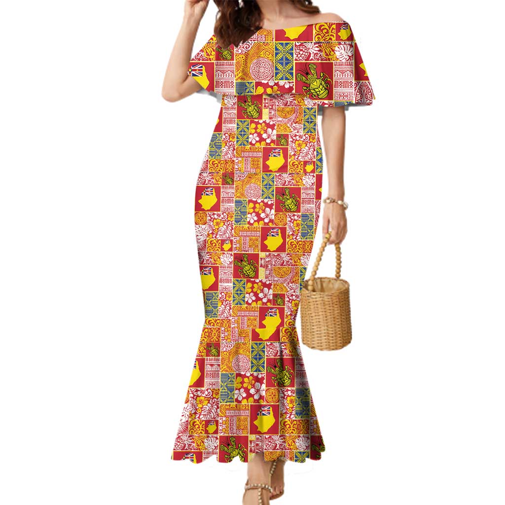 Niue Monuina e Kilisimasi Family Matching Mermaid Dress and Hawaiian Shirt Pacific Patchwork Xmas Vibes LT9 Mom's Dress Yellow - Polynesian Pride