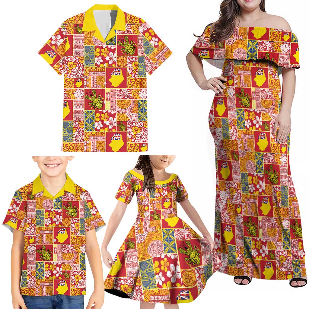 Niue Monuina e Kilisimasi Family Matching Off Shoulder Maxi Dress and Hawaiian Shirt Pacific Patchwork Xmas Vibes LT9 - Polynesian Pride