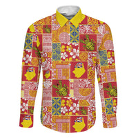 Niue Monuina e Kilisimasi Family Matching Off Shoulder Maxi Dress and Hawaiian Shirt Pacific Patchwork Xmas Vibes LT9 Dad's Shirt - Long Sleeve Yellow - Polynesian Pride
