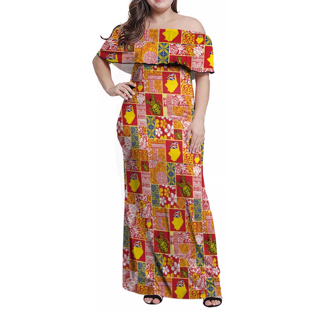 Niue Monuina e Kilisimasi Family Matching Off Shoulder Maxi Dress and Hawaiian Shirt Pacific Patchwork Xmas Vibes LT9 Mom's Dress Yellow - Polynesian Pride