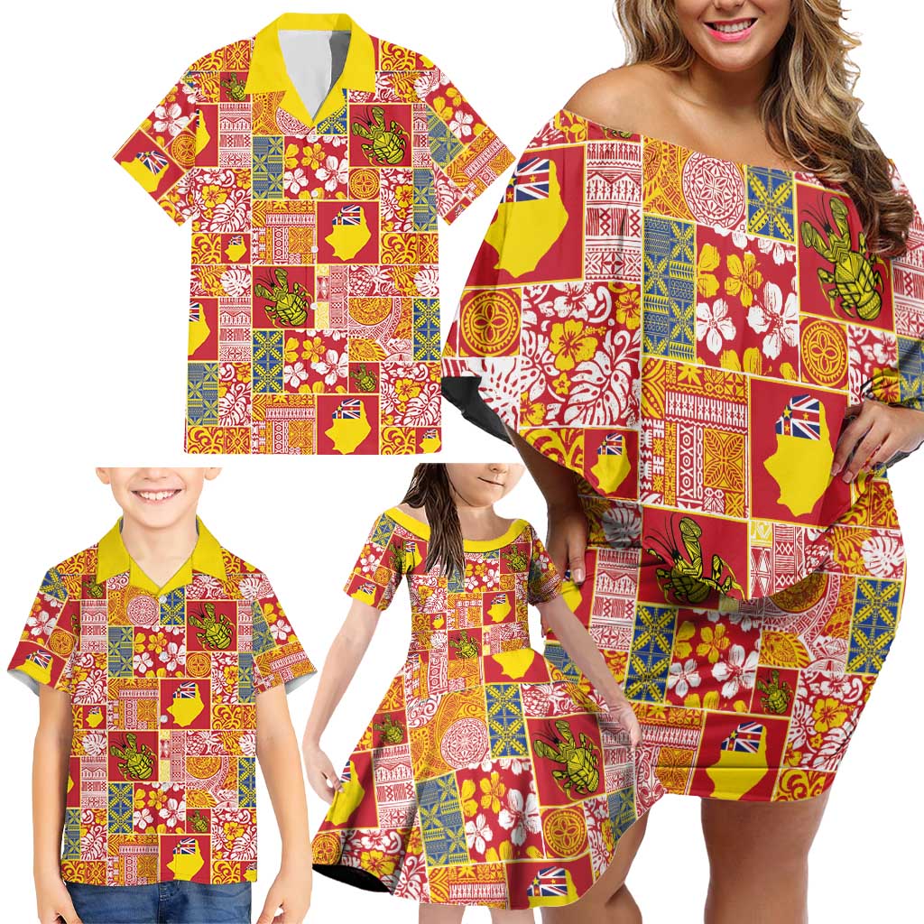 Niue Monuina e Kilisimasi Family Matching Off Shoulder Short Dress and Hawaiian Shirt Pacific Patchwork Xmas Vibes LT9 - Polynesian Pride