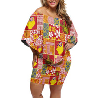 Niue Monuina e Kilisimasi Family Matching Off Shoulder Short Dress and Hawaiian Shirt Pacific Patchwork Xmas Vibes LT9 Mom's Dress Yellow - Polynesian Pride
