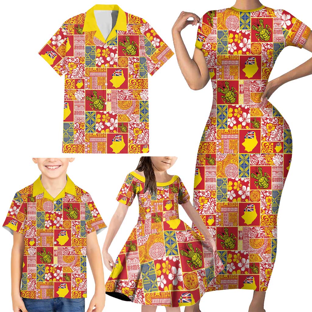 Niue Monuina e Kilisimasi Family Matching Short Sleeve Bodycon Dress and Hawaiian Shirt Pacific Patchwork Xmas Vibes LT9 - Polynesian Pride