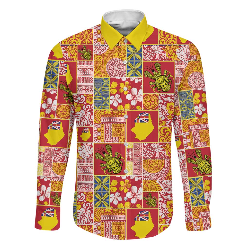 Niue Monuina e Kilisimasi Family Matching Summer Maxi Dress and Hawaiian Shirt Pacific Patchwork Xmas Vibes LT9 Dad's Shirt - Long Sleeve Yellow - Polynesian Pride