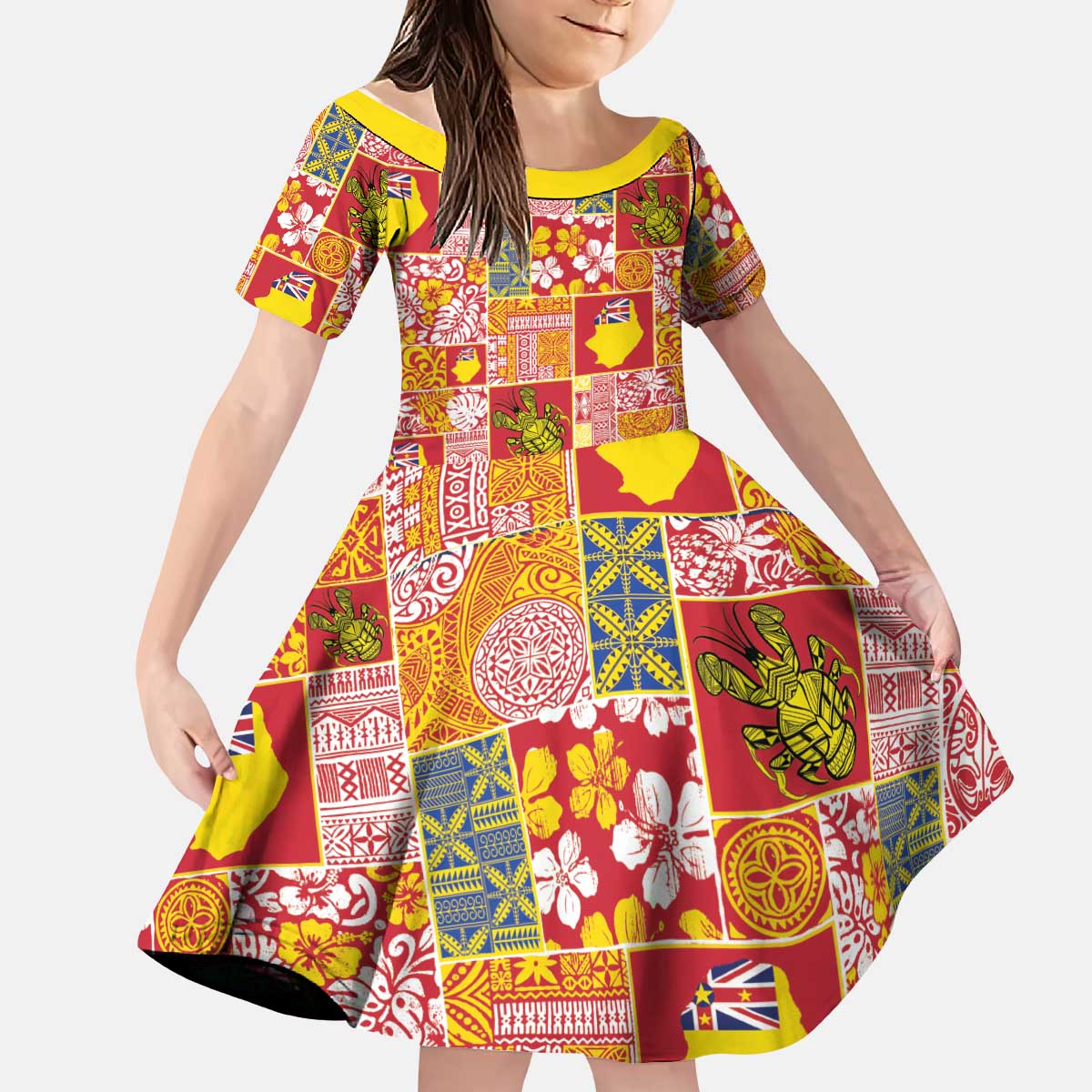 Niue Monuina e Kilisimasi Kid Short Sleeve Dress Pacific Patchwork Xmas Vibes - Polynesian Pride