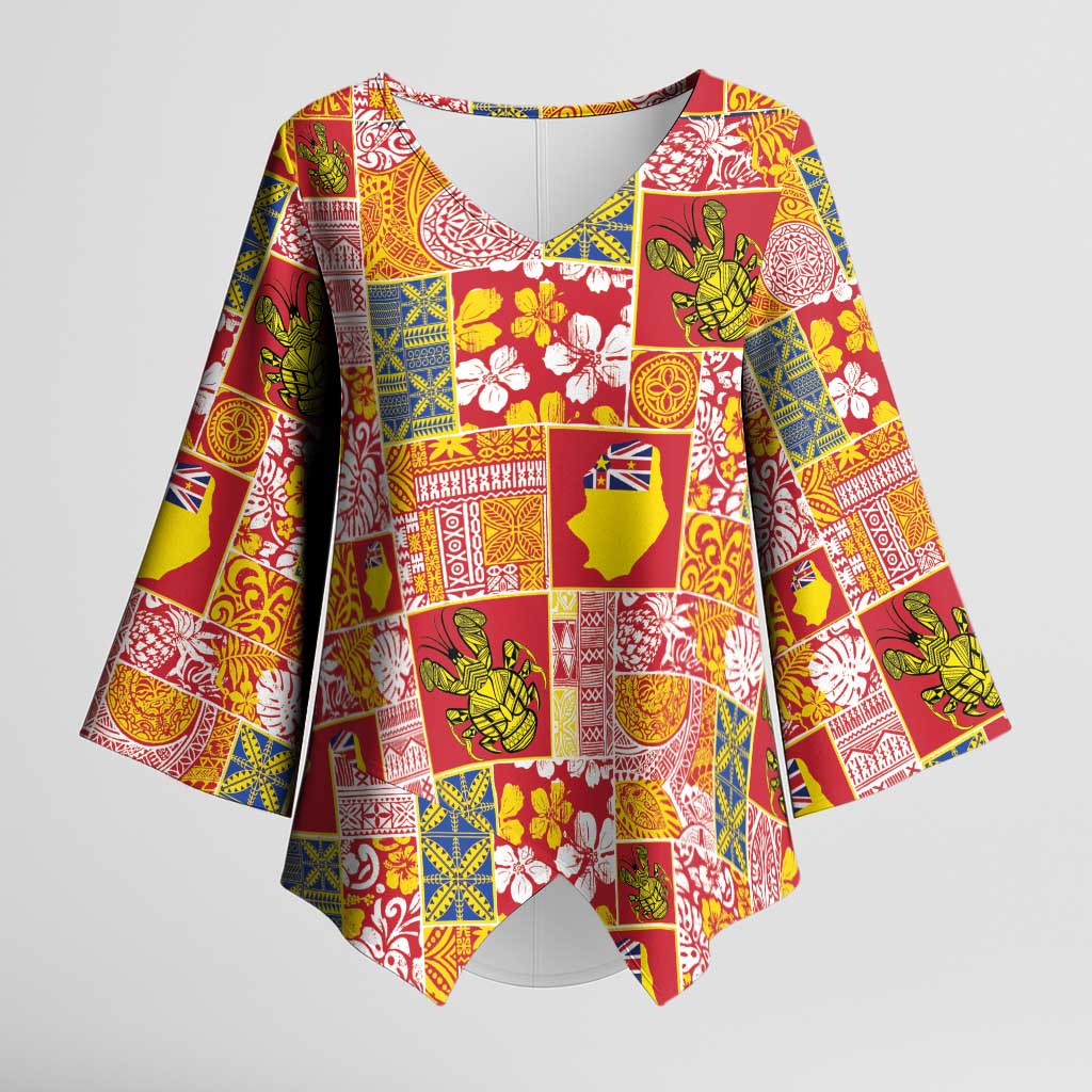 Niue Monuina e Kilisimasi Kimono Sleeve Blouse Pacific Patchwork Xmas Vibes LT9 Female Yellow - Polynesian Pride