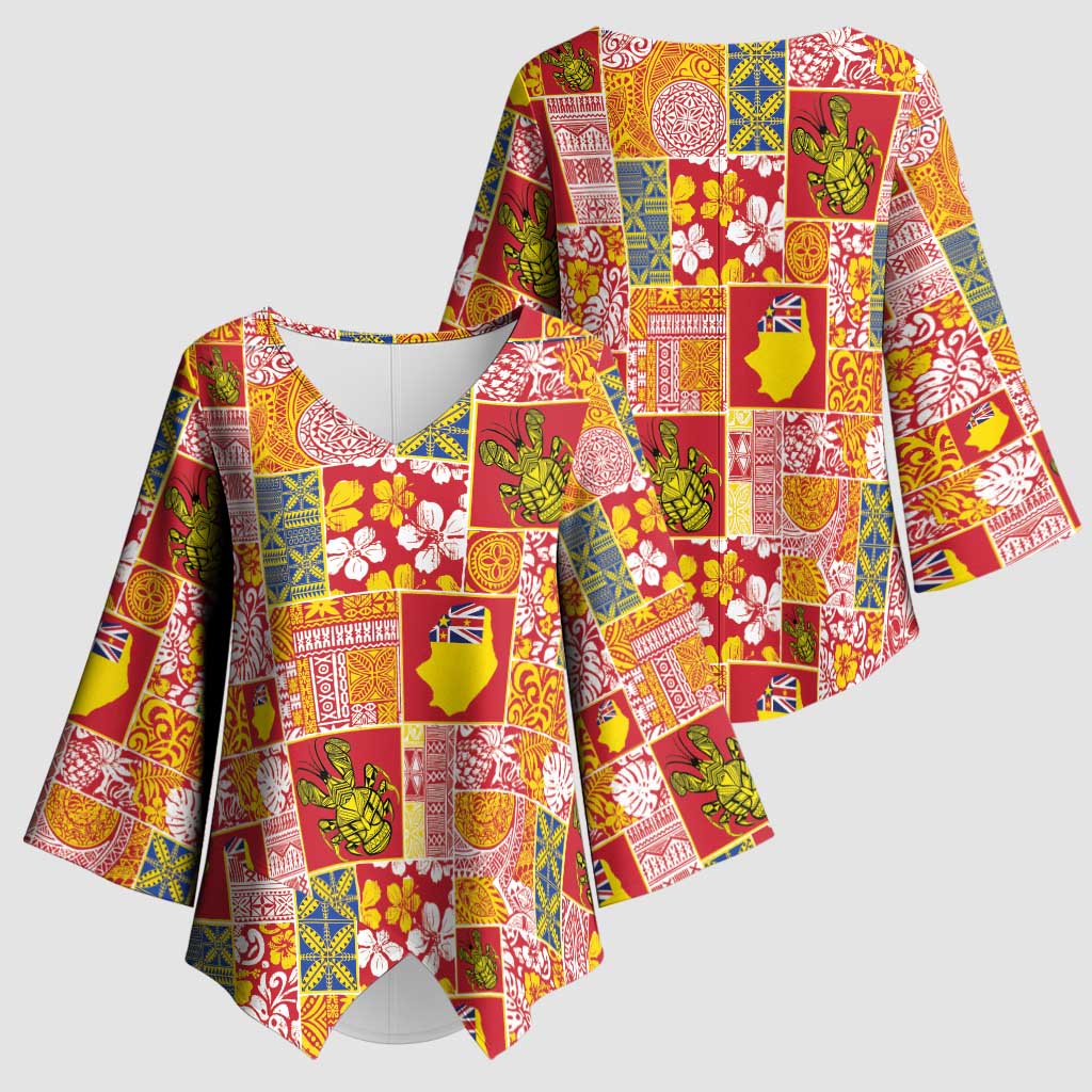 Niue Monuina e Kilisimasi Kimono Sleeve Blouse Pacific Patchwork Xmas Vibes LT9 - Polynesian Pride