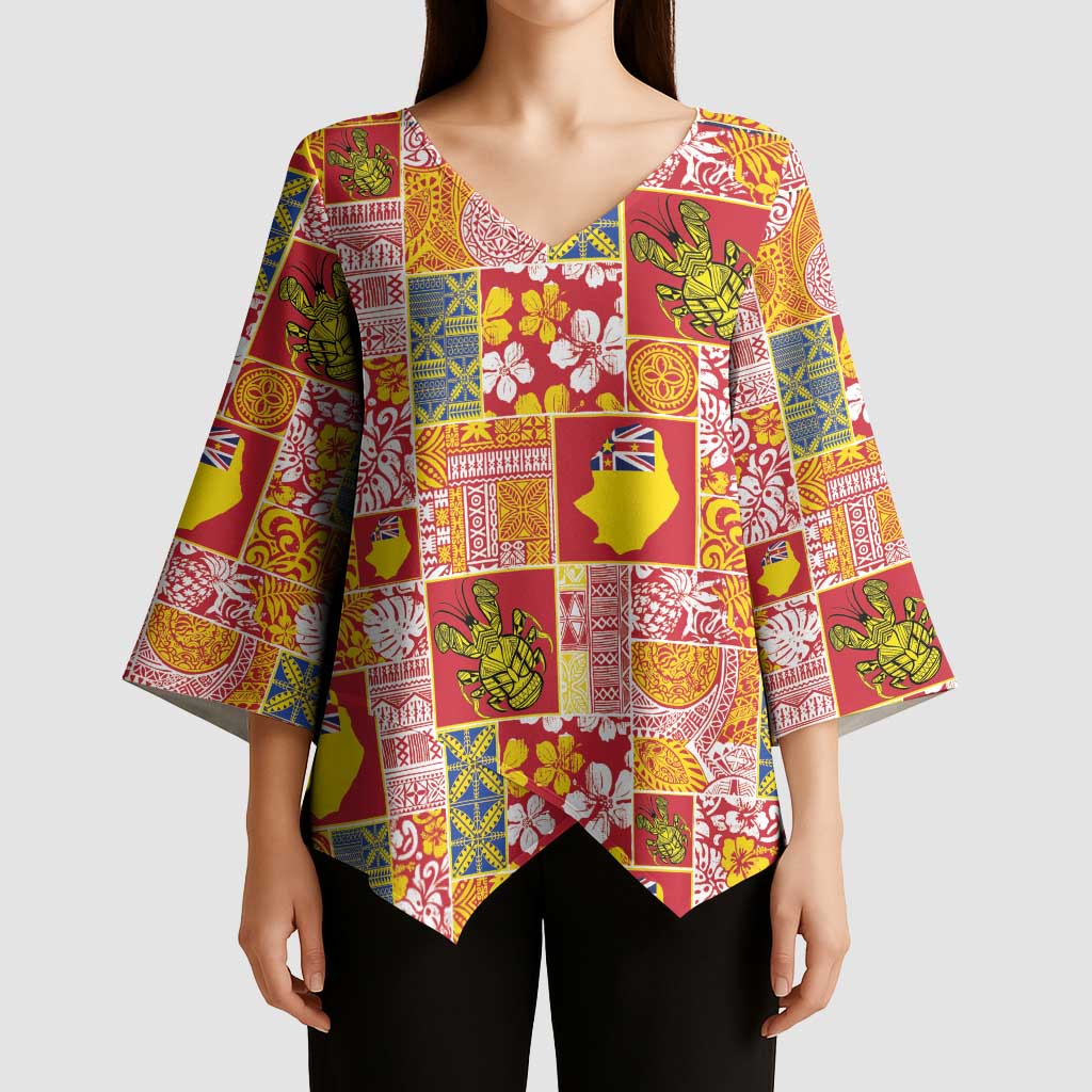 Niue Monuina e Kilisimasi Kimono Sleeve Blouse Pacific Patchwork Xmas Vibes LT9 - Polynesian Pride