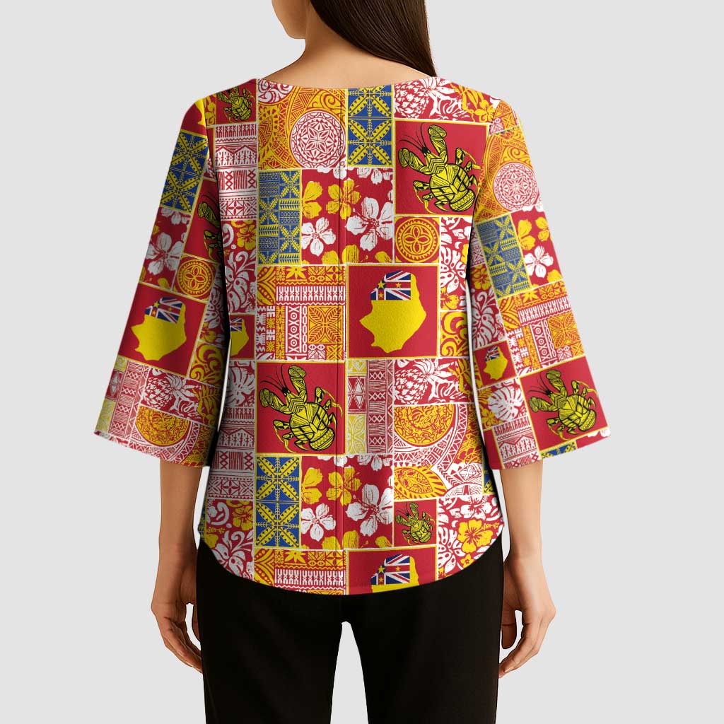 Niue Monuina e Kilisimasi Kimono Sleeve Blouse Pacific Patchwork Xmas Vibes LT9 - Polynesian Pride