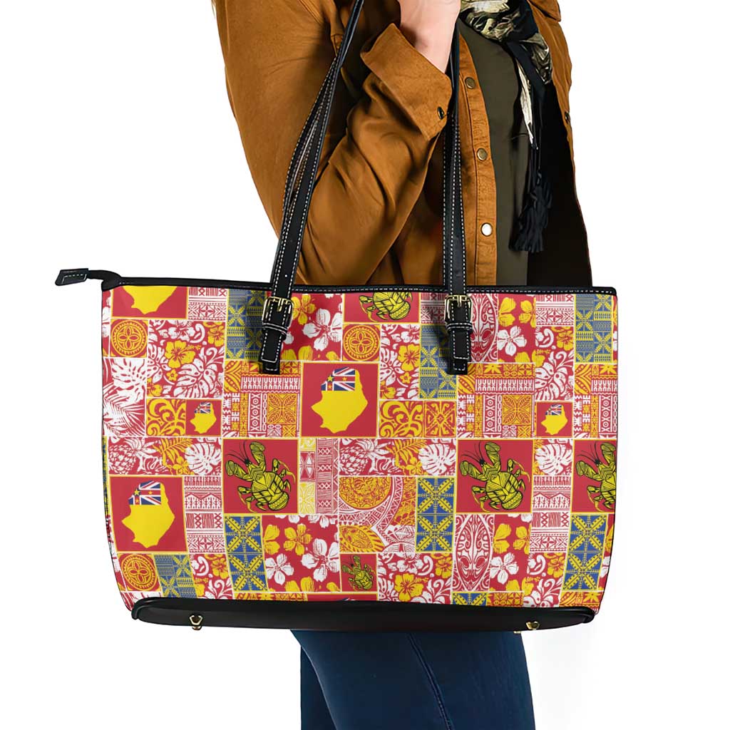 Niue Monuina e Kilisimasi Leather Tote Bag Pacific Patchwork Xmas Vibes - Polynesian Pride