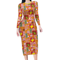 Niue Monuina e Kilisimasi Long Sleeve Bodycon Dress Pacific Patchwork Xmas Vibes LT9 Long Dress Yellow - Polynesian Pride