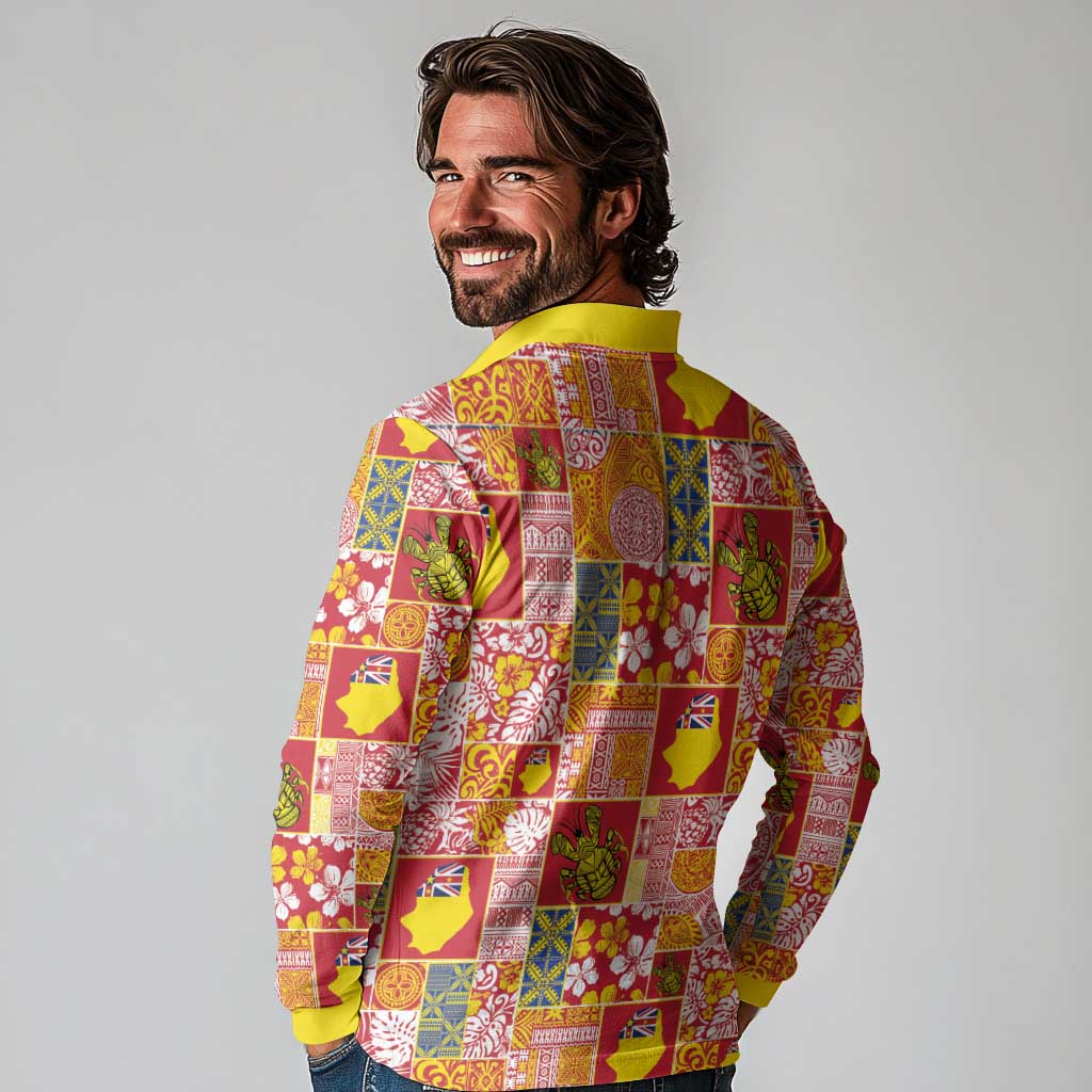 Niue Monuina e Kilisimasi Long Sleeve Polo Shirt Pacific Patchwork Xmas Vibes - Polynesian Pride