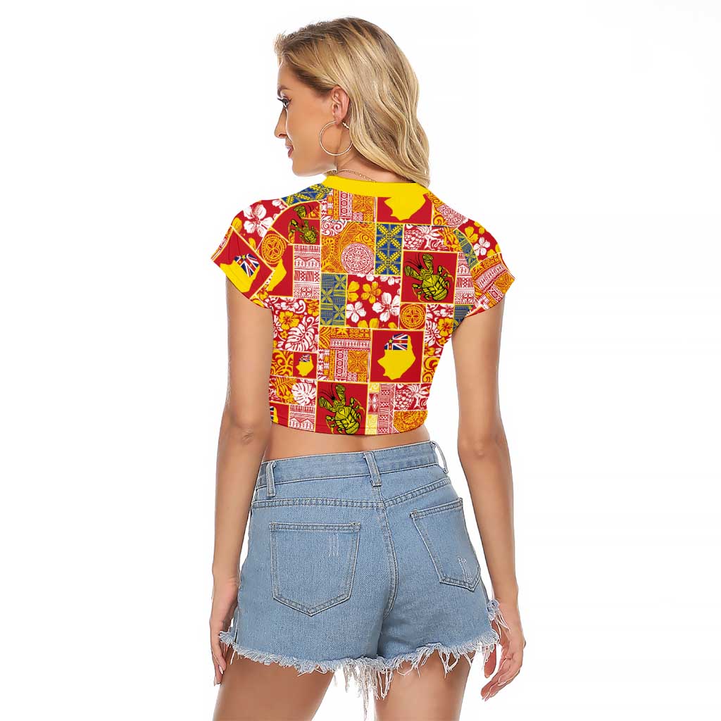 Niue Monuina e Kilisimasi Raglan Cropped T Shirt Pacific Patchwork Xmas Vibes - Polynesian Pride