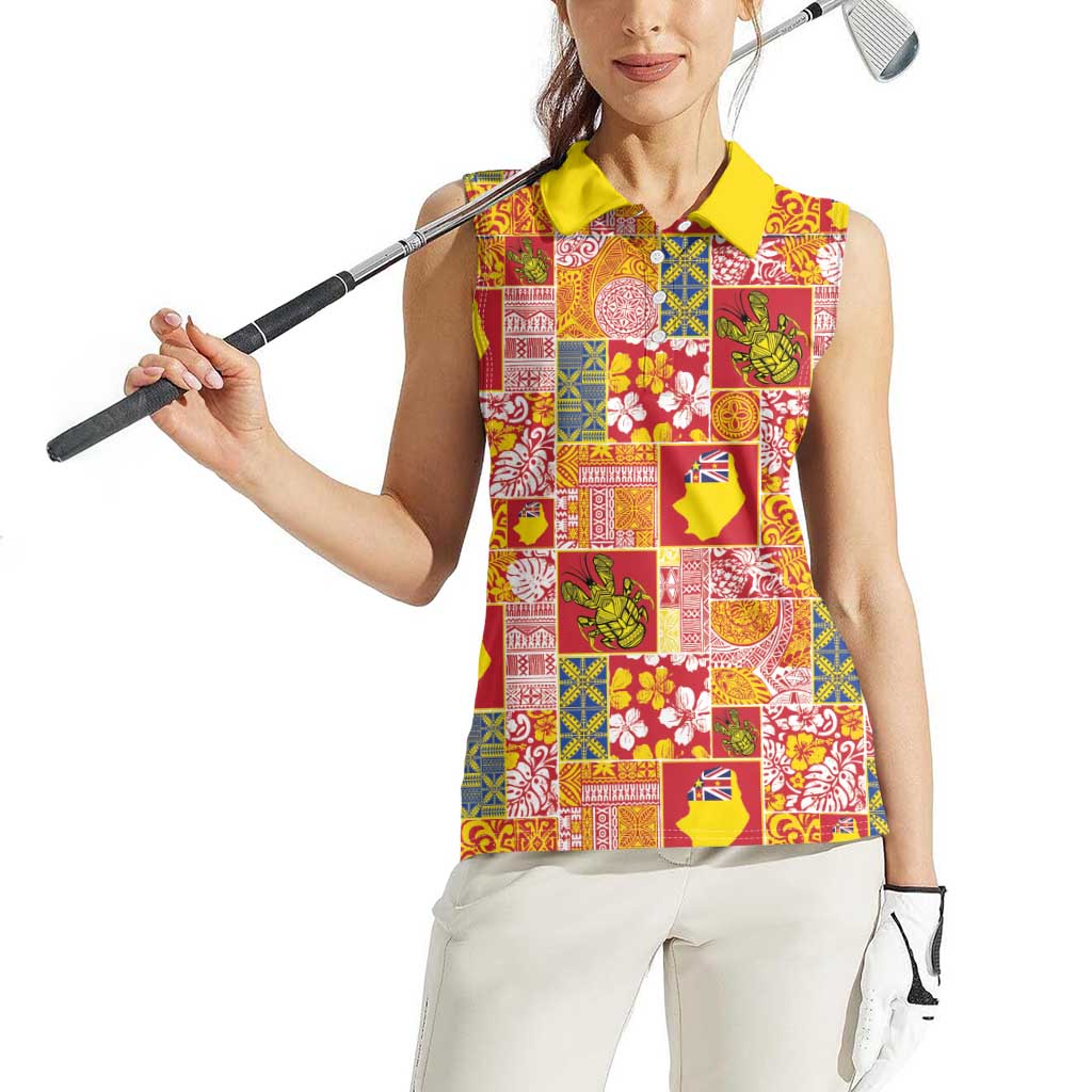 Niue Monuina e Kilisimasi Women Sleeveless Polo Shirt Pacific Patchwork Xmas Vibes - Polynesian Pride