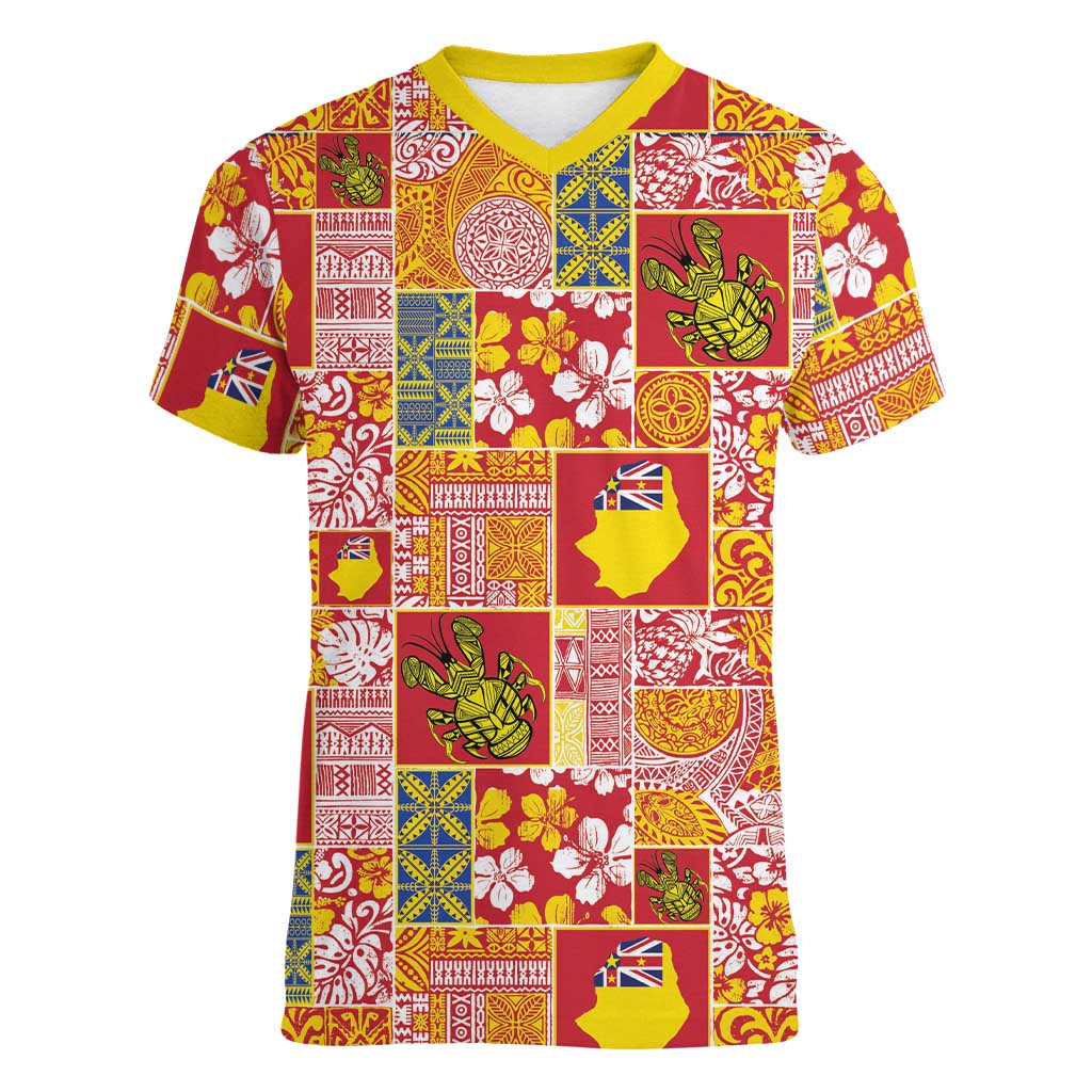 Niue Monuina e Kilisimasi Women V-Neck T-Shirt Pacific Patchwork Xmas Vibes - Polynesian Pride