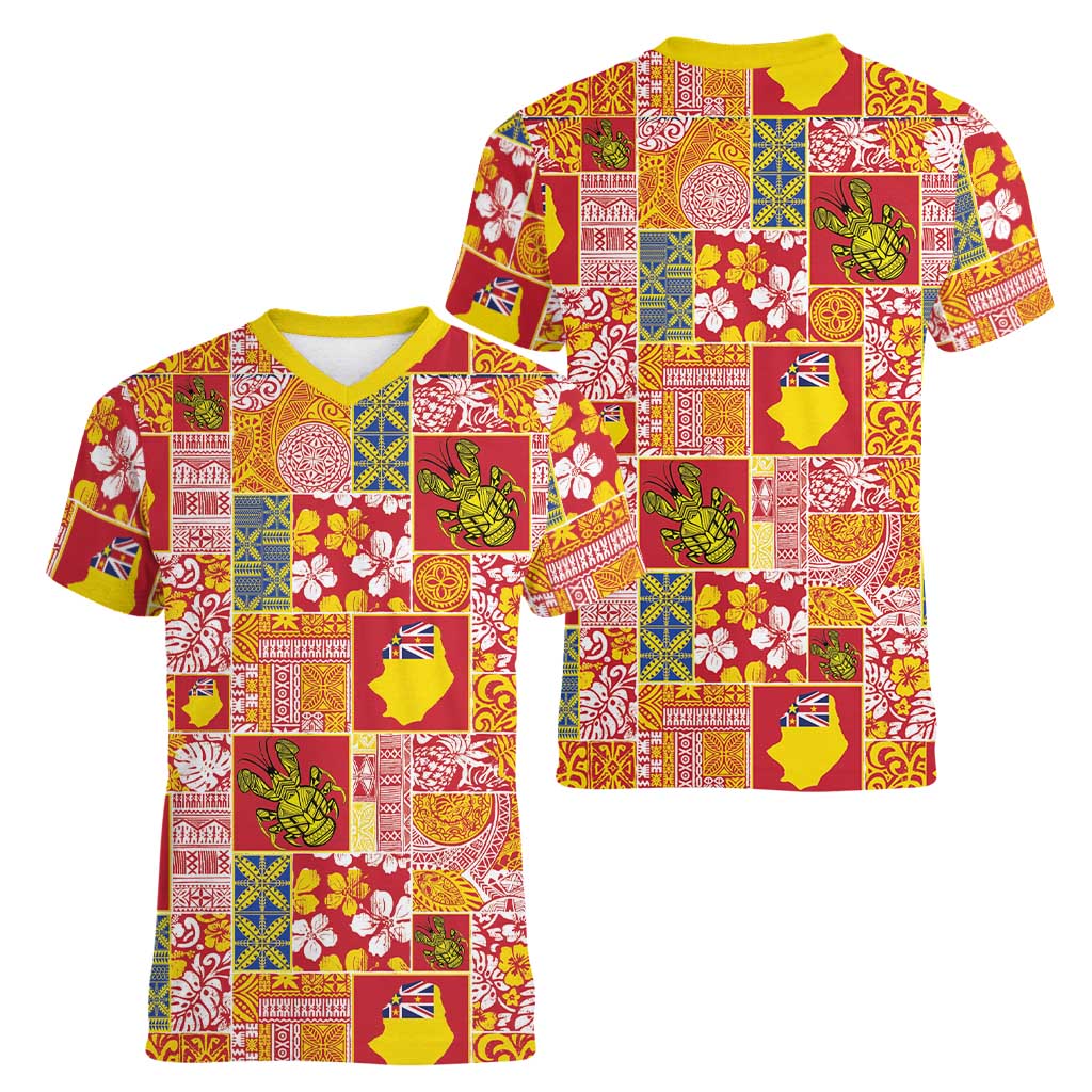 Niue Monuina e Kilisimasi Women V-Neck T-Shirt Pacific Patchwork Xmas Vibes - Polynesian Pride
