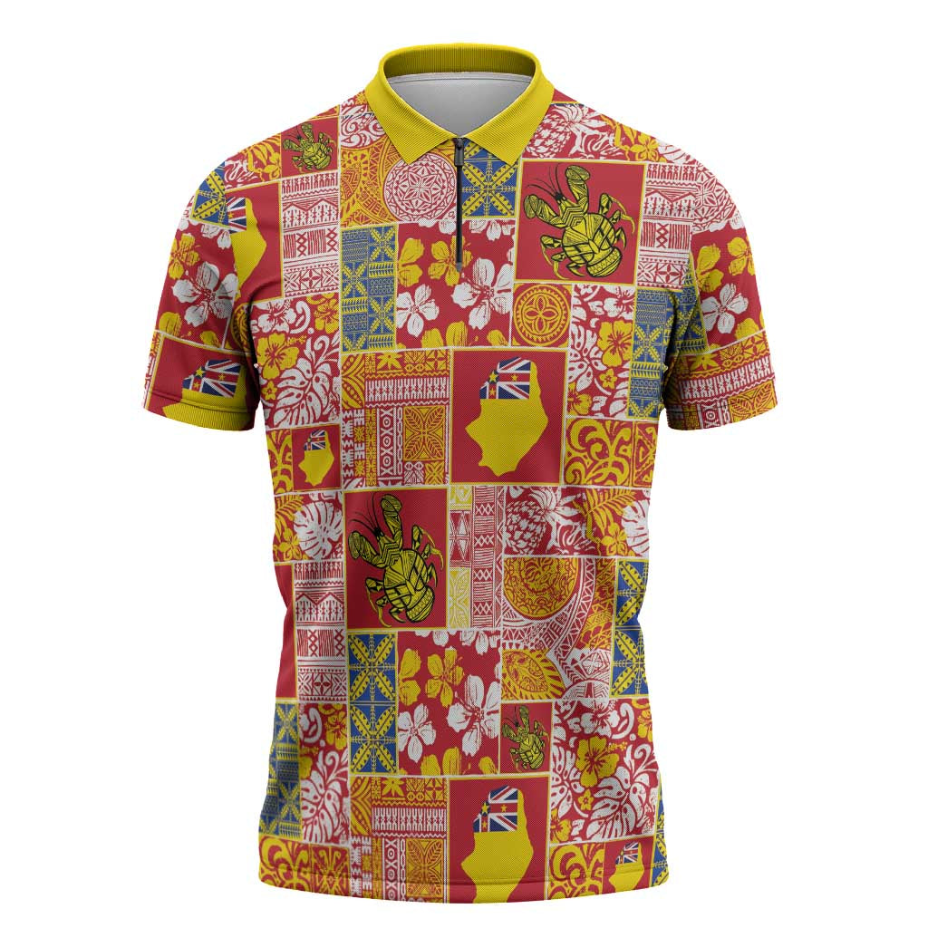 Niue Monuina e Kilisimasi Zipper Polo Shirt Pacific Patchwork Xmas Vibes LT9 Yellow - Polynesian Pride