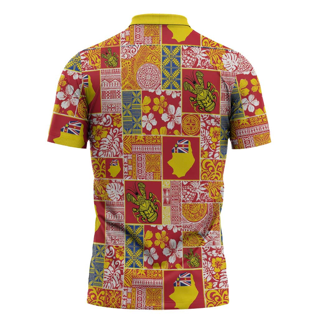 Niue Monuina e Kilisimasi Zipper Polo Shirt Pacific Patchwork Xmas Vibes LT9 - Polynesian Pride