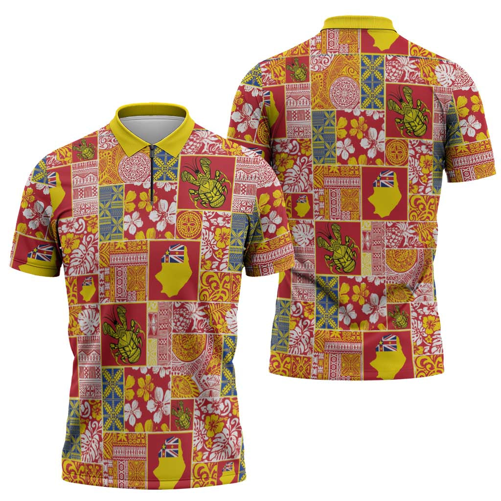 Niue Monuina e Kilisimasi Zipper Polo Shirt Pacific Patchwork Xmas Vibes LT9 - Polynesian Pride