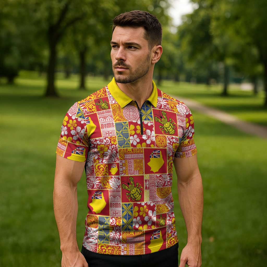 Niue Monuina e Kilisimasi Zipper Polo Shirt Pacific Patchwork Xmas Vibes LT9 - Polynesian Pride