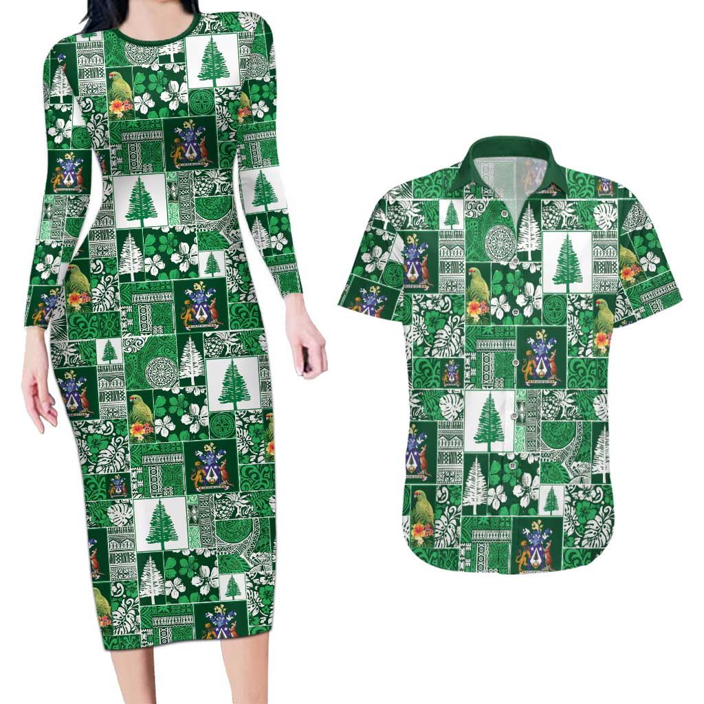 Norfolk Island Meri Krismas Couples Matching Long Sleeve Bodycon Dress and Hawaiian Shirt Pacific Patchwork Xmas Vibes LT9 Green - Polynesian Pride