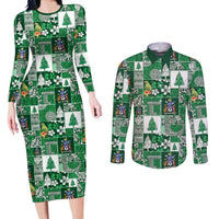 Norfolk Island Meri Krismas Couples Matching Long Sleeve Bodycon Dress and Long Sleeve Button Shirt Pacific Patchwork Xmas Vibes LT9 Green - Polynesian Pride