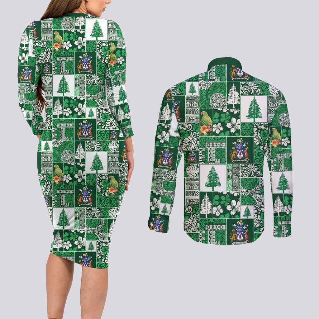 Norfolk Island Meri Krismas Couples Matching Long Sleeve Bodycon Dress and Long Sleeve Button Shirt Pacific Patchwork Xmas Vibes LT9 - Polynesian Pride