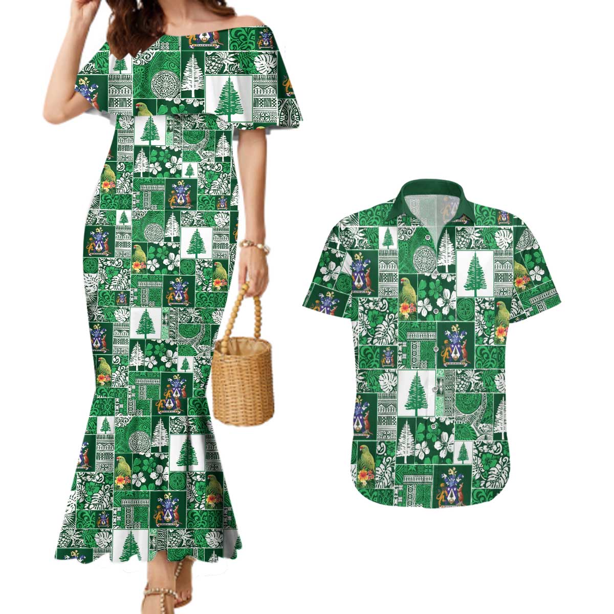 Norfolk Island Meri Krismas Couples Matching Mermaid Dress and Hawaiian Shirt Pacific Patchwork Xmas Vibes - Polynesian Pride