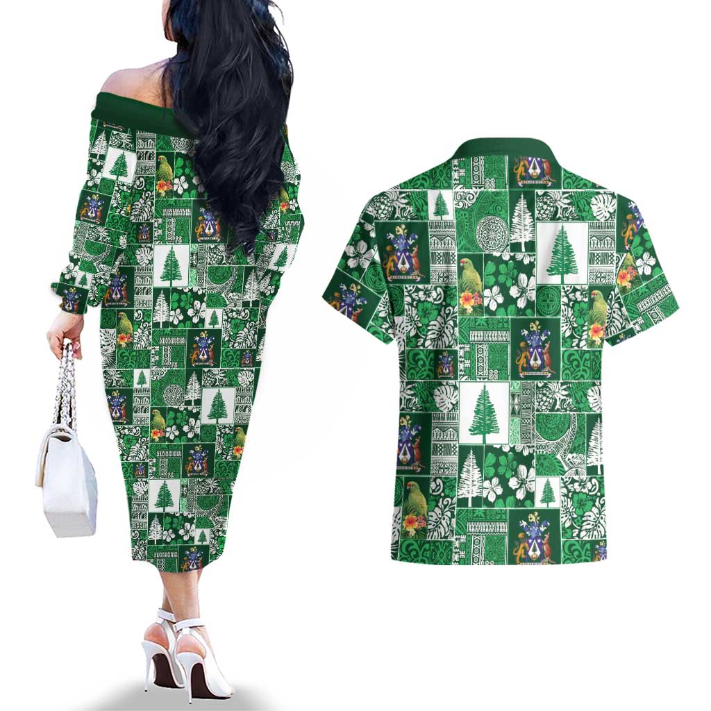 Norfolk Island Meri Krismas Couples Matching Off The Shoulder Long Sleeve Dress and Hawaiian Shirt Pacific Patchwork Xmas Vibes LT9 - Polynesian Pride