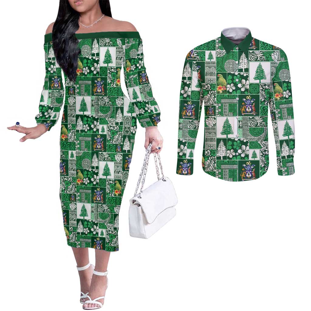 Norfolk Island Meri Krismas Couples Matching Off The Shoulder Long Sleeve Dress and Long Sleeve Button Shirt Pacific Patchwork Xmas Vibes LT9 Green - Polynesian Pride