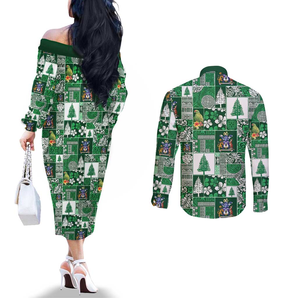 Norfolk Island Meri Krismas Couples Matching Off The Shoulder Long Sleeve Dress and Long Sleeve Button Shirt Pacific Patchwork Xmas Vibes LT9 - Polynesian Pride