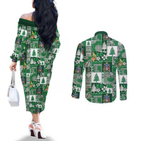 Norfolk Island Meri Krismas Couples Matching Off The Shoulder Long Sleeve Dress and Long Sleeve Button Shirt Pacific Patchwork Xmas Vibes LT9 - Polynesian Pride