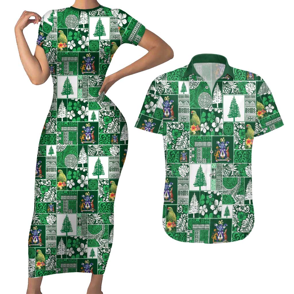 Norfolk Island Meri Krismas Couples Matching Short Sleeve Bodycon Dress and Hawaiian Shirt Pacific Patchwork Xmas Vibes LT9 Green - Polynesian Pride