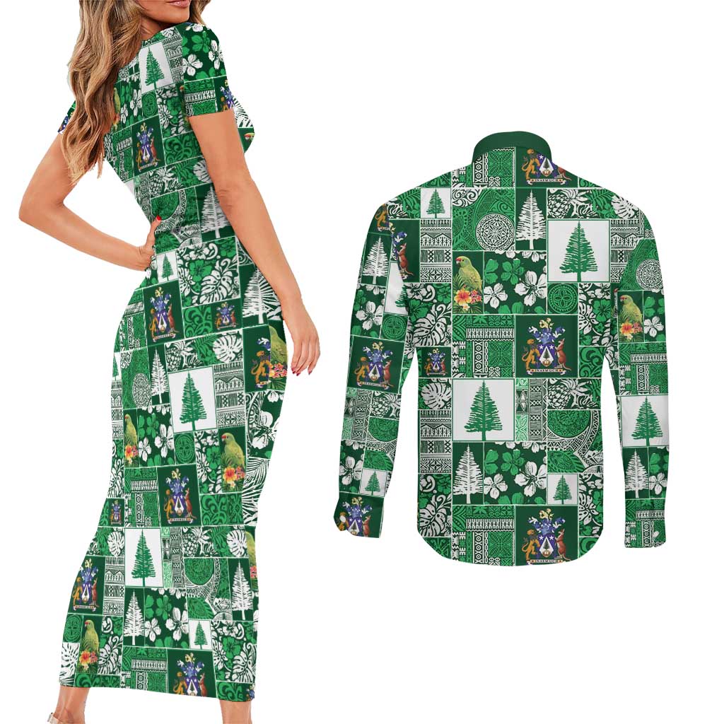 Norfolk Island Meri Krismas Couples Matching Short Sleeve Bodycon Dress and Long Sleeve Button Shirt Pacific Patchwork Xmas Vibes LT9 - Polynesian Pride