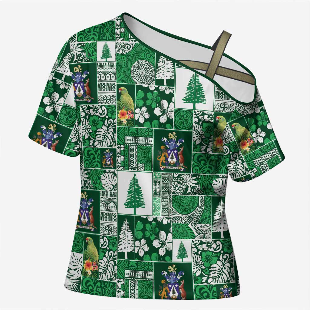Norfolk Island Meri Krismas Cross Shoulder Shirt Pacific Patchwork Xmas Vibes - Polynesian Pride