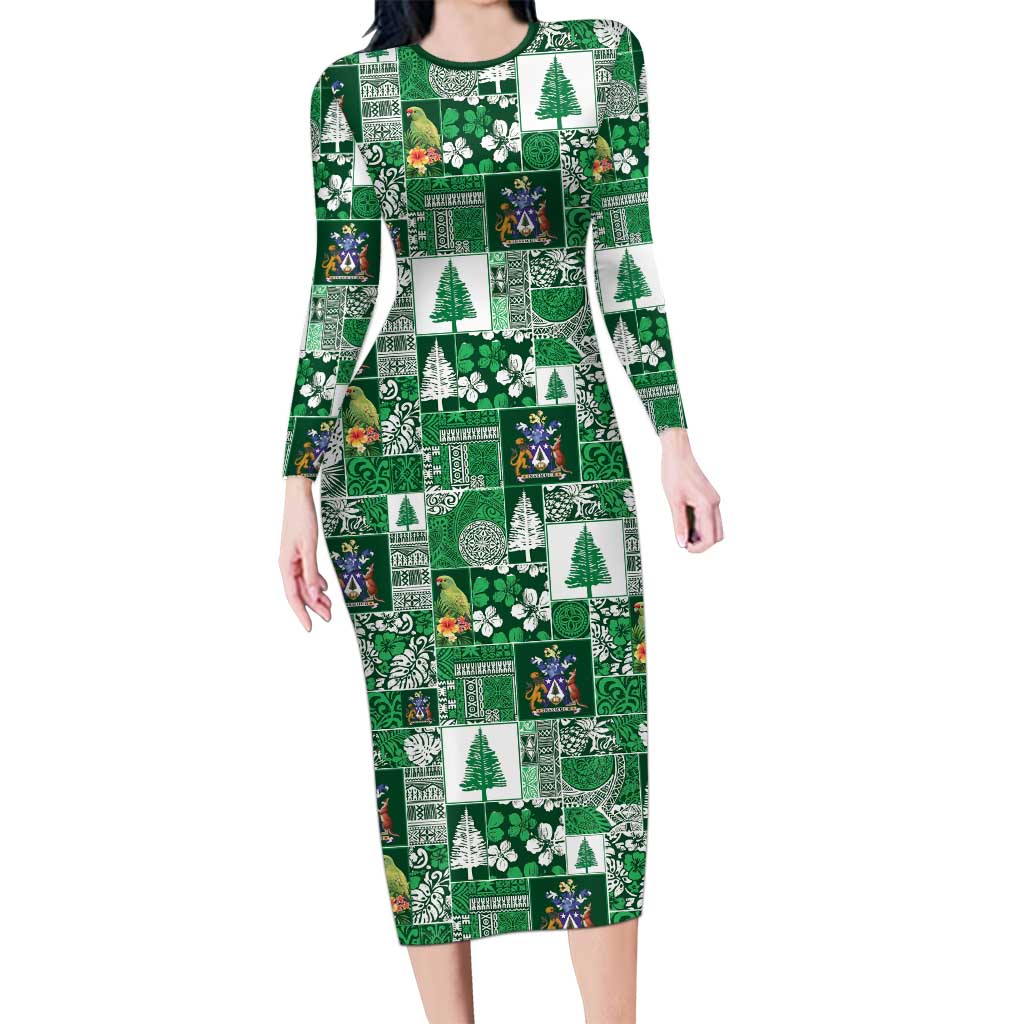 Norfolk Island Meri Krismas Family Matching Long Sleeve Bodycon Dress and Hawaiian Shirt Pacific Patchwork Xmas Vibes LT9 Mom's Dress Green - Polynesian Pride