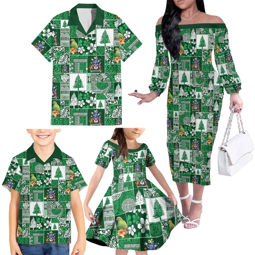 Norfolk Island Meri Krismas Family Matching Off The Shoulder Long Sleeve Dress and Hawaiian Shirt Pacific Patchwork Xmas Vibes - Polynesian Pride