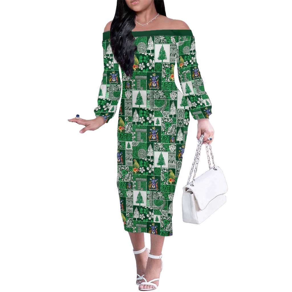 Norfolk Island Meri Krismas Family Matching Off The Shoulder Long Sleeve Dress and Hawaiian Shirt Pacific Patchwork Xmas Vibes LT9 Mom's Dress Green - Polynesian Pride