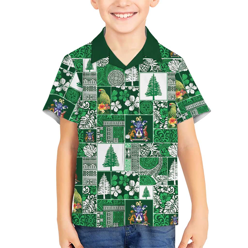 Norfolk Island Meri Krismas Family Matching Off The Shoulder Long Sleeve Dress and Hawaiian Shirt Pacific Patchwork Xmas Vibes LT9 Son's Shirt Green - Polynesian Pride