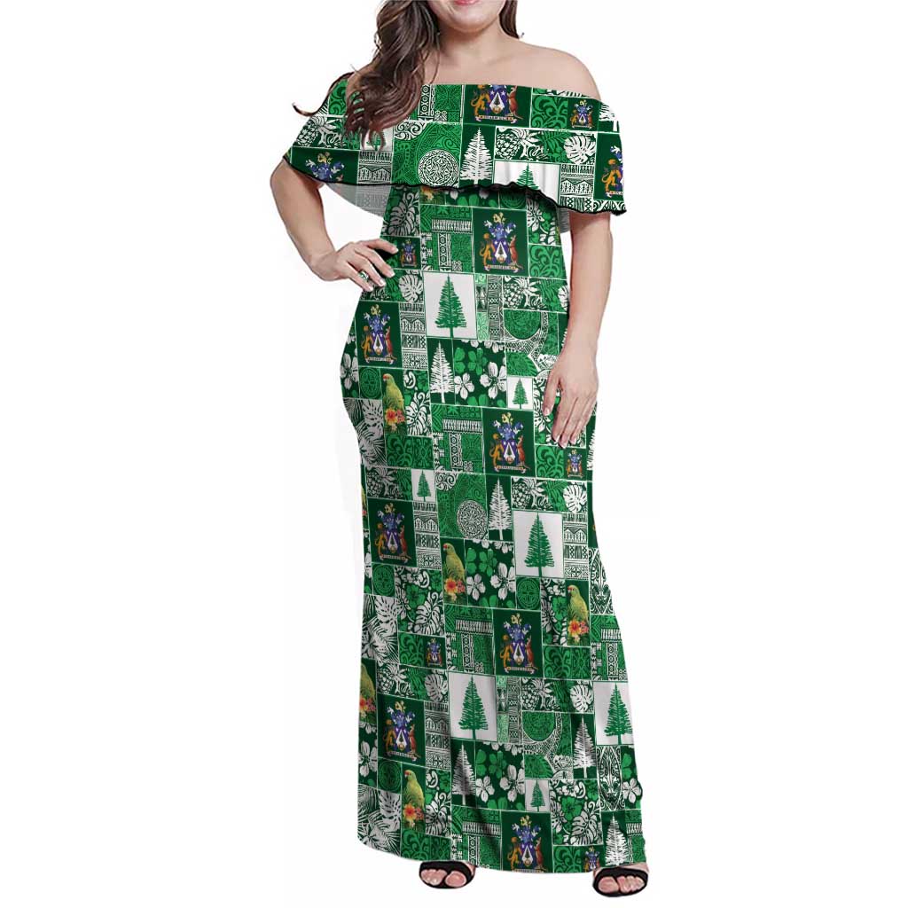 Norfolk Island Meri Krismas Family Matching Off Shoulder Maxi Dress and Hawaiian Shirt Pacific Patchwork Xmas Vibes LT9 Mom's Dress Green - Polynesian Pride