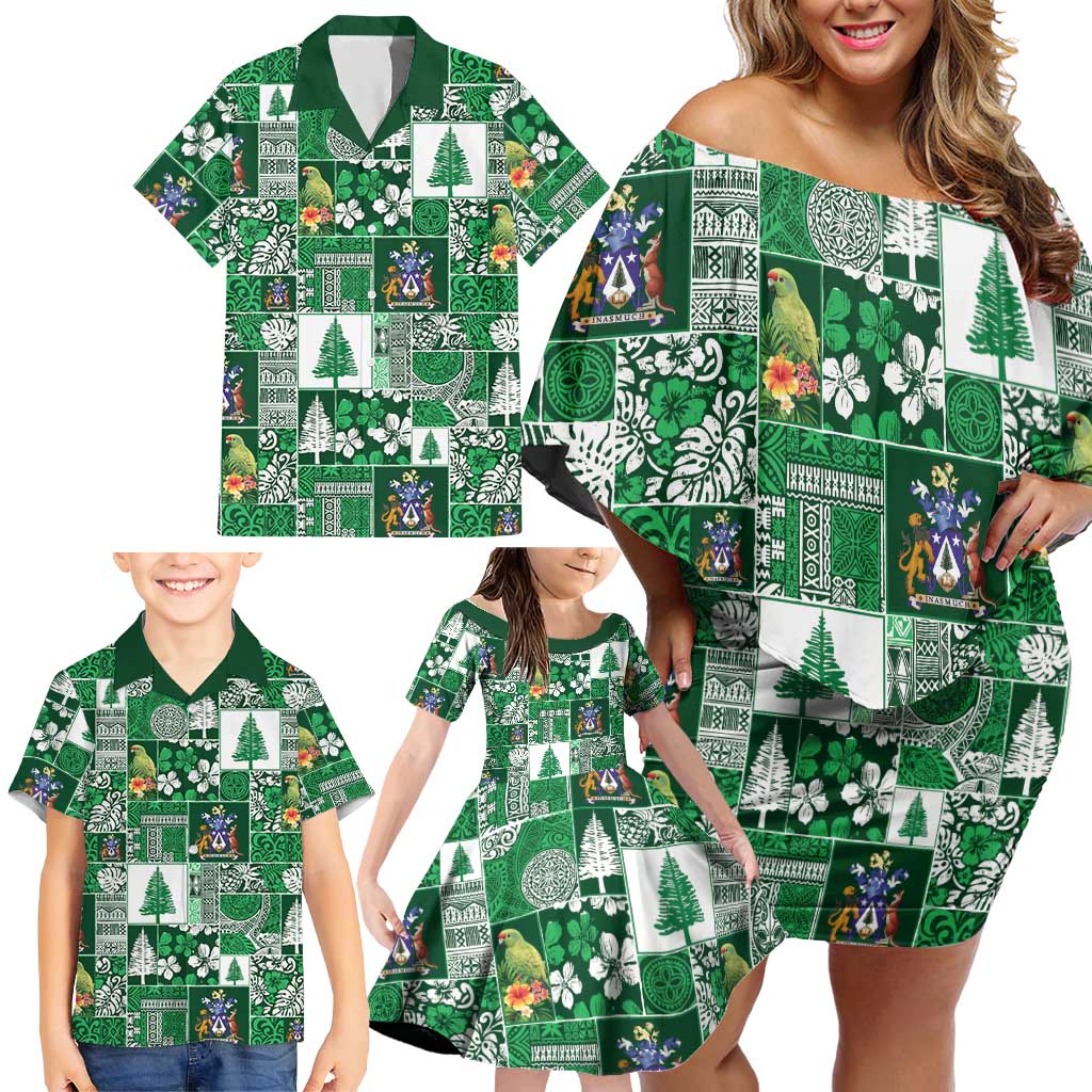 Norfolk Island Meri Krismas Family Matching Off Shoulder Short Dress and Hawaiian Shirt Pacific Patchwork Xmas Vibes - Polynesian Pride