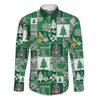 Norfolk Island Meri Krismas Family Matching Off Shoulder Short Dress and Hawaiian Shirt Pacific Patchwork Xmas Vibes LT9 Dad's Shirt - Long Sleeve Green - Polynesian Pride