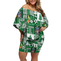 Norfolk Island Meri Krismas Family Matching Off Shoulder Short Dress and Hawaiian Shirt Pacific Patchwork Xmas Vibes LT9 Mom's Dress Green - Polynesian Pride