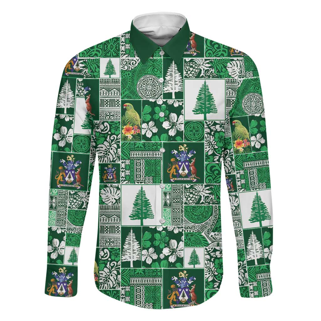 Norfolk Island Meri Krismas Family Matching Short Sleeve Bodycon Dress and Hawaiian Shirt Pacific Patchwork Xmas Vibes LT9 Dad's Shirt - Long Sleeve Green - Polynesian Pride