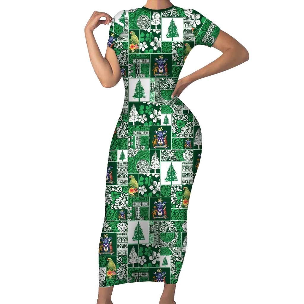 Norfolk Island Meri Krismas Family Matching Short Sleeve Bodycon Dress and Hawaiian Shirt Pacific Patchwork Xmas Vibes LT9 Mom's Dress Green - Polynesian Pride
