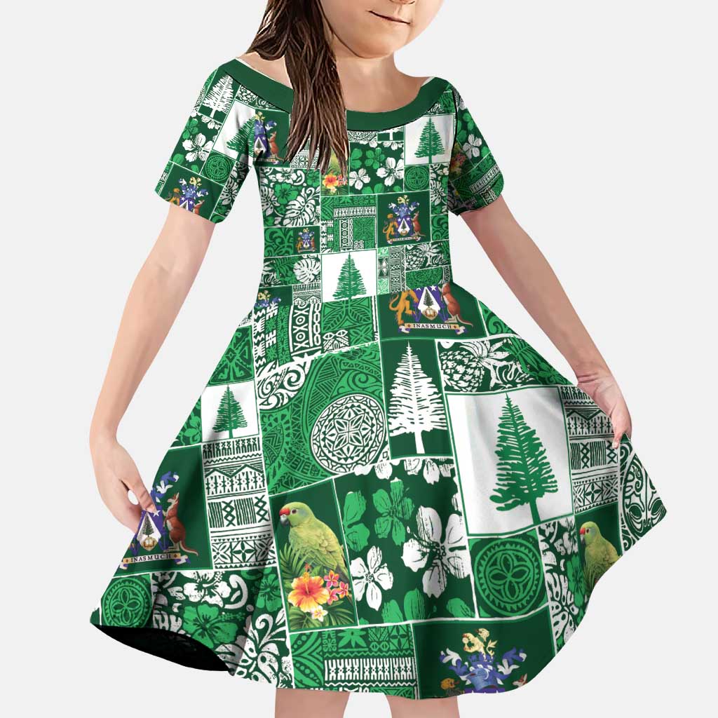 Norfolk Island Meri Krismas Family Matching Tank Maxi Dress and Hawaiian Shirt Pacific Patchwork Xmas Vibes LT9 Daughter's Dress Green - Polynesian Pride