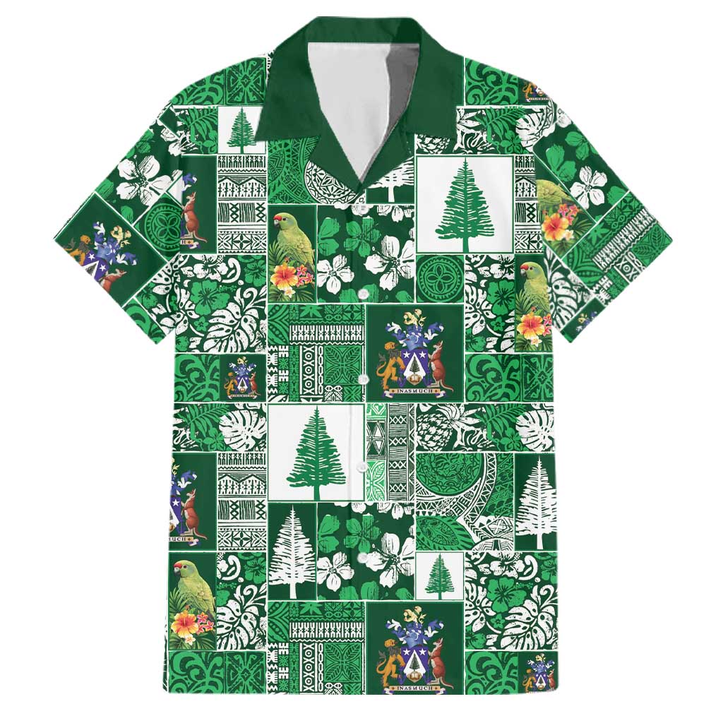 Norfolk Island Meri Krismas Family Matching Tank Maxi Dress and Hawaiian Shirt Pacific Patchwork Xmas Vibes LT9 Dad's Shirt - Short Sleeve Green - Polynesian Pride