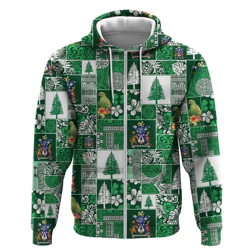 Norfolk Island Meri Krismas Hoodie Pacific Patchwork Xmas Vibes LT9 Zip Hoodie Green - Polynesian Pride